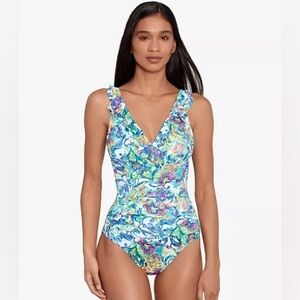 LAUREN RALPH Women's Printed Ruffle Surplice Underwire One-Piece Swimsuit